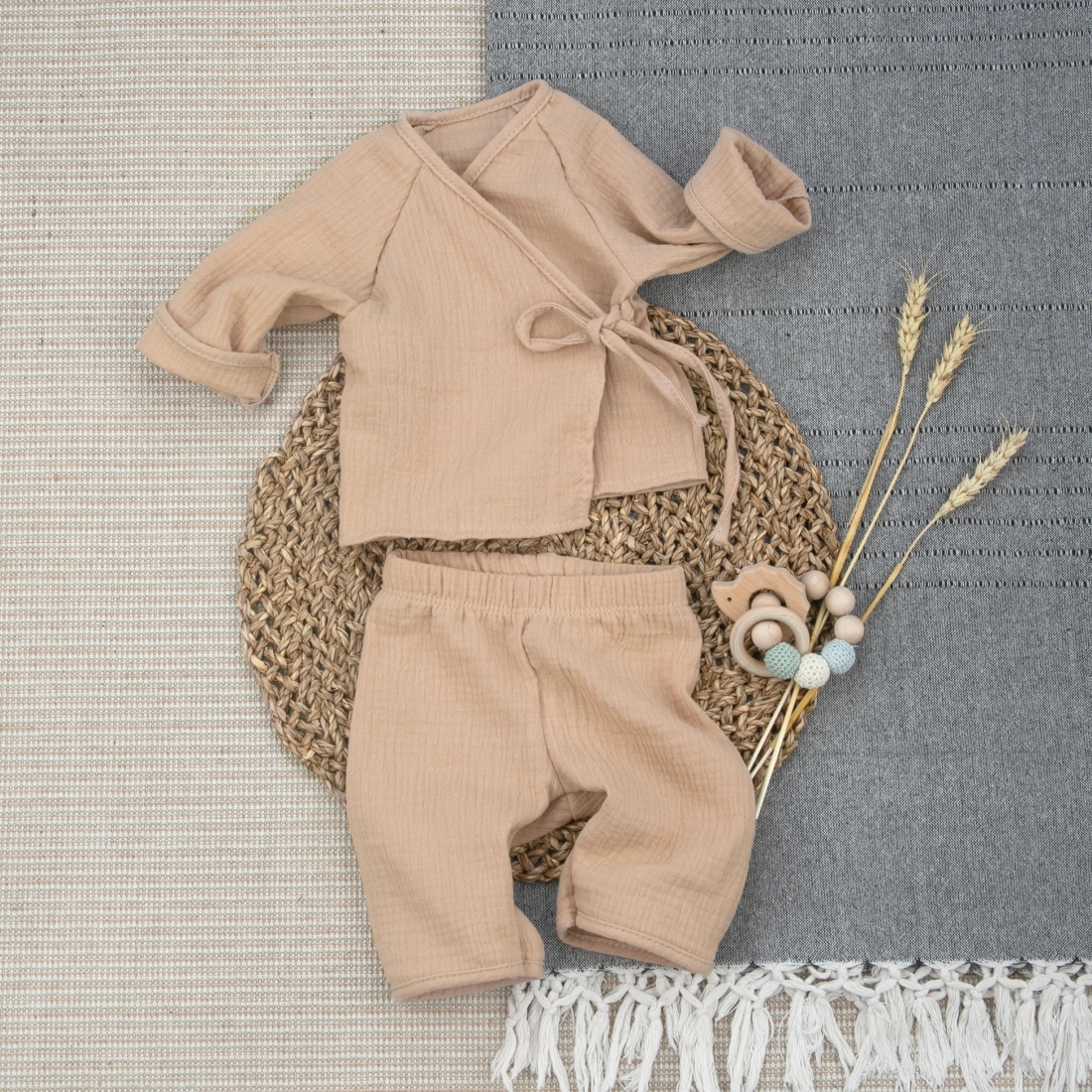 6658314303_optsiteab82702d-d6d7-11ee-85fa-abd905982198 Пижама летняя для новорожденного Швейная Династия "Муслин",песочный,лето 1