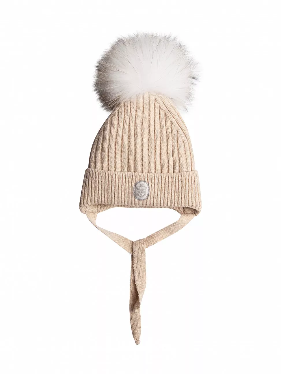 Шапка зимняя Наследник Выжанова темно-бежевая с белым меховым помпоном 1